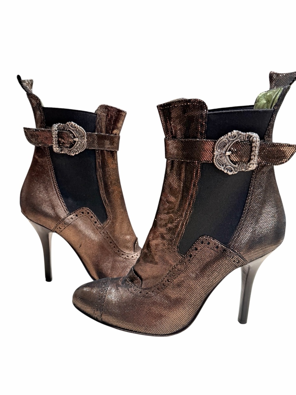 Gianmarco Lorenzi Metallic Leather Whimsigoth Buckle Ankle Boots EU 39 Halloween